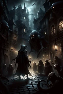 A captivating depiction in digital form, showcasing a plethora of ghost creatures thriving within a surreal and lively black hooded shadows realm. This imaginative artwork embodies the essence of supernatural fiction, presenting a medium shot composition with fantastical beings that are unique, belonging to a world beyond our own. A an old city of creatures out of this world enhanced by dark atmospheric lighting, Busch painting style nightmare. Thin line draw style