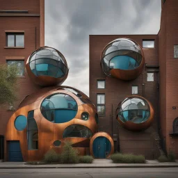 Set in a whimsical world inspired by steampunk and fantasy, the street is a blend of old and new with houses of postmodern design showcasing a mix of industrial and natural finishes. Curious individuals peer through the strange circular and spherical windows, their colorful outfits adding a vibrant contrast to the surroundings