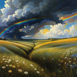 A collaboration between Salvador Dali, Vincent Van Gogh, and Jean Baptiste Monge. Swirling rainbow storm clouds over a vast field of long grass and plentiful flowers swaying in the winds. Modifiers: highly detailed elegant extremely detailed fantasy intricate high detail fantastic view close up ultra detailed