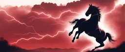 full silhouette of a horse rearing up(on left side, outlined by lighting), red sky, lightning bolts(from top to bottom left), in the speed force