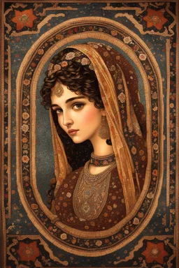 An intricate mosaic Iranian carpet from the Byzantine era in the center of the painting Beautiful gypsy girl.