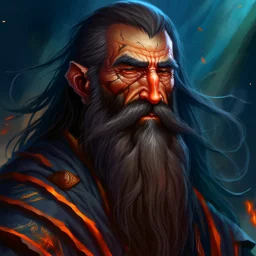 dnd, fantasy, wizard, portrait, face, close up, long beard, black hair, angular features, long, slender