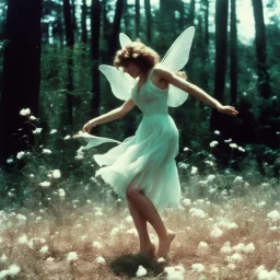 The exuberance of the faerie poised on hands and knees for the dance in cotton agent provocateur [vintage style noisy scratches glitches, Shot the texture and then rewound the film and double exposed from a 1970 Italian VHS movie]