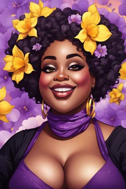 Create a abstract cartoon art style image of a plus size black female looking down with a smile on her face. Prominent makeup with hazel eyes. Highly detailed messy curly bun with a hair scarf tied on her head with large purple daffodil flowers surrounding her. 2k