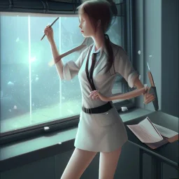 Anime, female student studying under window, studying lesson, perfect face, cool face, ultra detail, unreal engine 5, cinema4d, sun light, studio lighting --ar 1:1 --v 4