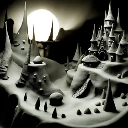 Tim Burton and Max Ernst odd creepy landscape made of modeling clay, gothic