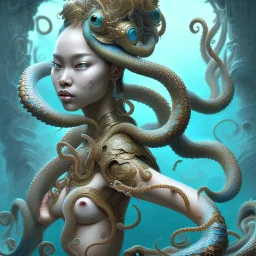 Sango fantasy, fantasy magic, intricate, sharp focus, illustration, highly detailed, digital painting, concept art, matte, art germ and Paul Lewin and Kehinde Wiley, masterpiece Japanese dancer head bronze octopus' Asian African girl nice breast Thai hair turquoise silver blue under water