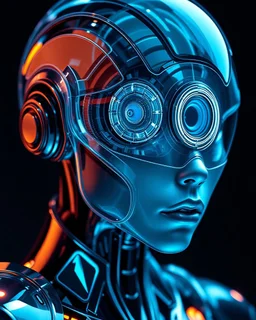 Conceptualt art. Full body. Elegant humanoid with translucent biomechanical head. Up close. Biomechanical illustration. Eye-like structure with circular ridges, machinery fused with alien biology. The glass-like material reflects bright light. High contrast colors with blue and silver tones. Neon accents on the armor. Hyper-realistic details, vibrant sci-fi colors, perfectly lit, dark background, cinematic portrait lighting, studio lighting, best quality, 8k resolution, futuristic aeste