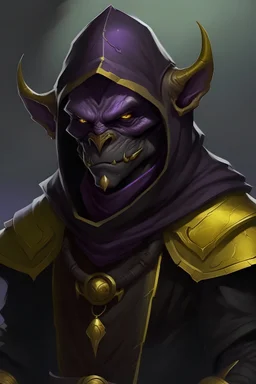 attractive, dark purple skin, male goblin, yellow eyes, wearing full leather armor, a black hooded cloak and a full face mask