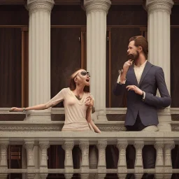 a man and a woman screaming at each other on a balcony, downtown new york, dramatic, dramatic lighting, volumetric lighting, hyperrealism, 8k, high quality, photorealistic, lot of details