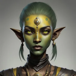 Generate a dungeons and dragons character portrait of the face of a young female Githyanki githyanki were tall and slender humanoids with rough, leathery yellow/green skin and bright black eyes that were sunken deep in their orbits. They had long and angular skulls, with small and highly placed flat noses, and ears that were pointed and serrated in the back side. They typically grew either red or black hair, which they styled in topknots. Their teeth were pointed.