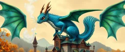 portrait of a shiny blue and green dragon squirrel in autumn, flying above wooden castle, breathing smoke, book cover illustration, with metallic transparent wing border on left and right of frame