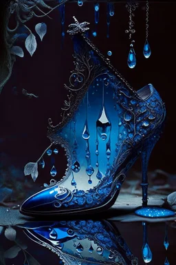 dark fantasy, intricate cover, a whimsical fairytale, translucent shoe made of blue glass with drops of blood underneath