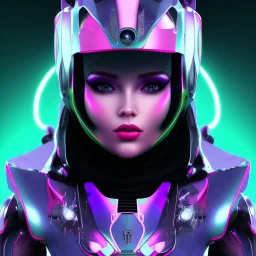 Cute in a robotic hijab suit,purple and pink backlight, profile