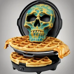 Spooky waffle iron that produces skull pattern waffles, by Zdzislaw Beksinski, splash art, by Moebius, creepy colors.