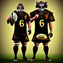 Joueur de rugby steampunk, masque à gaz, vêtements noirs, numéro de maillot = 666