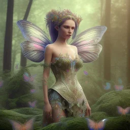 intricate details, realistic, octane,colorfull unreal engine, ,zoomed out + portrait, volumetric lighting, shiny,extreme detail, Photorealism, High detail, Hyper realistic fairy with butterflies in a forest, macro lens blur,abstract paint, sharp,eos5d mark 4, ef 85mm 5.6, focus