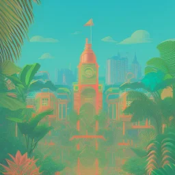 tropical city, latino, plants, streets, risograph, flat design, 2 colors