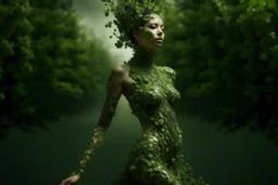 full body shot of a young woman covered in tiny green filigree leaves, emerging from a summer tree, detailed matte painting, deep colour, fantastical, intricate detail