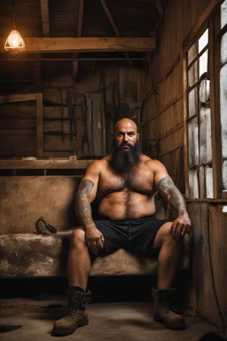 full figure shot photography of a 40-year-old turkish angry beefy tattoo very hairy sweaty worker sitting spread-legged in an old sofa inside a construction site shed, big shoulders, boots, dressed in bulging shorts,shirtless, stubble, big manly legs, hairy chest, serious eyes, midnight, dim neon lights illuminating and shine on the beards of sweat that fill his large chest, photorealistic , ambient occlusion, view angle from the ground