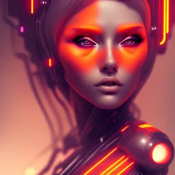 A beautiful portrait of a cute cyberpunk woman orange color scheme, high key lighting, volumetric light high details with white stripes and feathers