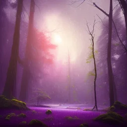 rainy forest with a purple planet over the land