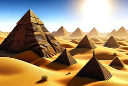 A desert in sunlight with pyramids and temples with clocks on them designed in Kuna Molas