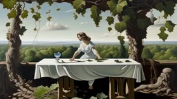 A surreal scene with a woman covered in vine leaves, who is floating over an infinite surreal landscape, in the foreground on one side there is a small table with a white vase on top. To the upper left appears a wrinkled and worn canvas with a sketch of a painted drawing.