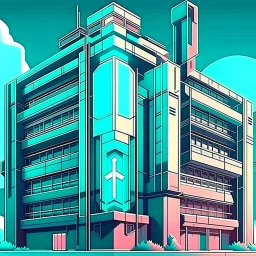 cyberpunk retro futuristic hospital building with cross sign for comics
