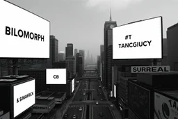 greyscale cityscape upshot: minimalism, many large white billboards populate the city with black block lettering with single word choose randomly between: "BIOMORPH" || "CB" || "SPATCHCOCK" || "TANGUY", || "SURREAL". || 'They Live' movie still, city panoramic, concept art, subliminal messaging