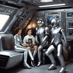 [high res photo by Ray Harryhausen] 950s traditional family in space station family room but mom is a futuristic female silver android in a latex silver android suit. Only mom is an android. Mom has a normal human face, with silver sci-fi makeup. Mom is robotically cleaning up, while the rest are sitting watching tv