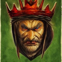 dungeons and dragons, fantasy, goblin, king, green skin, watercolour, large strokes, distinct face, portrait, head, crude crown