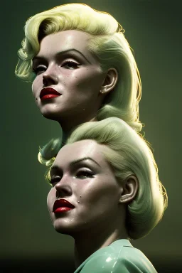 Ultra Realistic retro sci-fi scene, portrait, blonde woman, sweet young Marilyn Monroe face, perfect iris, tight latex coat, Strange planet background, Retro sci-fi style helmet, fog, rain, soft color, highly detailed, unreal engine 5, ray tracing, RTX, lumen lighting, ultra detail, volumetric lighting, 3d, finely drawn, high definition, high resolution.