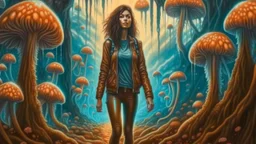 woman with black hair, in light brown leather trousers and jacket, walking through a forest of Alien mushrooms with jellyfish tentacles, photorealistic, Deep Colour, Intricate Detail, Keith Parkinson