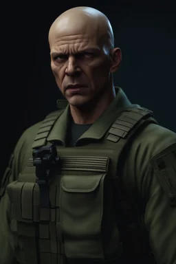 portrait of a 40 year old evil soldier. wearing a tee shirt, with sneering expression, bald, photorealistic, 4k