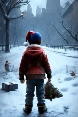 kid from back in Central Park abandoned sad tired on christmas night with christmas decoration, snow, wet, 4k, besta quality, intricate