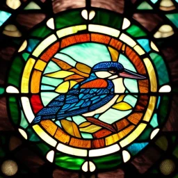 round coaster of kingfisher with stained glass window effect, highly detailed, intricate, warm colors, stained glass window, glossy from rain, warm lighting, dramatic lighting