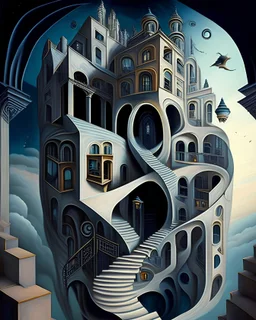 A captivating, surrealist painting of a gravity-defying, Escher-inspired building with multiple perspectives, impossible staircases, and fantastical elements that defy the laws of physics, set within a dream-like landscape.