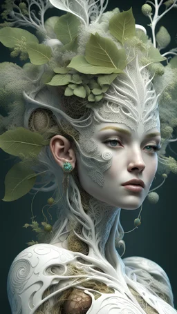 3D render ultra detailed of a beauty white glossy, swoman DRYAD, from knee to head, biomechanical cyborg, analog, 35 mm lens, beautiful natural soft rim light, big leaves and stems, roots, fine foliage lace, colorful details, samourai, earring, heavely tattoed, intricate details, mesh wire, mandelbrot fractal, facial muscles, cable wires, microchip, badass, hyper realistic, ultra detailed, octane render, volumetric lighting, 8k post-production, red and white, detailled metalic bones, semi human