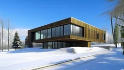 A modern building with a flat roof and large windows, set in a snowy landscape under a clear blue sky. The building features a combination of dark brick and wood paneling, with a section that extends out over the ground level. The windows are tall and narrow, providing a view of the interior. The ground is covered in a thick layer of snow, and there are a few bare trees scattered around the building. In the distance, there are snow-covered hills. The lighting is bright and even, creating a sense