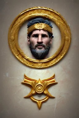 Ultra Realistic image, Roman sculpture, white marble material, Lionel Messi, gold Laurel leaves wreath, renaissance ornaments, radial gold lines, one gold star in heart, sun ornament, blue background, chisel style, waist up portrait, emperor style, epic, celestial, cinematic lighting, God light, god rays, 4k resolution, smooth details, ornate details, soft lighting, unreal engine 5, art station, substance 3d.