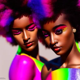 masterpiece, best quality, woman, dark skinned, sparkling eyes, fluorescent skin, colorful makeup, afro, highly detailed body, sun light, 4K, RAW, depth of field, high contrast, realistic details, 24mm