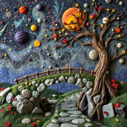 Photograph hasselblad h6d400c --ar 85:128 --v 6.0 of a fairy old bewitched bridge, tree, made of felt art, 3d deep field, wide angle landscape scene, Yves Tanguy, galaxies and planets, needlepoint, abstract silhoutte, expressionist style, colorful holiday