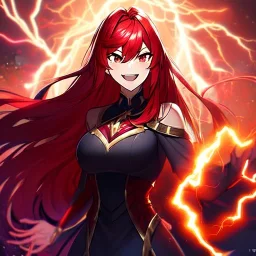 Clear focus, 8k, beautiful lighting, vibrant colors, girl, red hair, long hair, red eyes, laughing, angry, lightning magic,