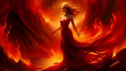 A beautiful woman stands in the center of a dreamlike, surreal landscape. She wears a flowing, revealing red dress that clings like liquid fire to her form, catching the light as though woven from silk and flame. Half of her body is bathed in a warm, golden glow, while the other half is cloaked in deep, living shadows that move and curl around her like sentient smoke. Her expression is unreadable—serene, yet tinged with danger—as if she exists between temptation and mystery. Behind her, the sky