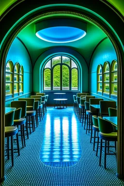 A restaurant whose outer walls are oval in shape, the color of the inside is blue, and its floor is light, with a bar table in the middle of the restaurant in the shape of an oval containing 30 chairs, and there is a door at the end of the restaurant