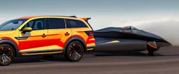 A national geographic award winning photograph of a military fighter jet station wagon wasp hybrid designed by volkswagen only one vehicle per image painted metallic orange traveling at a high rate of speed, jet intake off of front center of vehicle and jet exhaust out the rear with bright blue flame