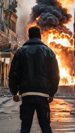 Man in a black bomber jacket, back to the camera, looking down a street, watching an explosion of fire and lights in front of him.