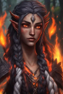 Fire Eladrin druid female. Hair is long and bright black, part is braided and fire comes out from it. Big bright red eyes. . Is generating fire in her hands. Skin color is dark. Has a big deep scar on face