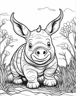 create a 2d black outline, "safari smiling cartoon rhino coloring book for toddlers", coloring page, low details design, black contour, coloring page design, simple background, colorful , card style, coloring page for kids, white background, sketch style, safari landscape, cartoon style